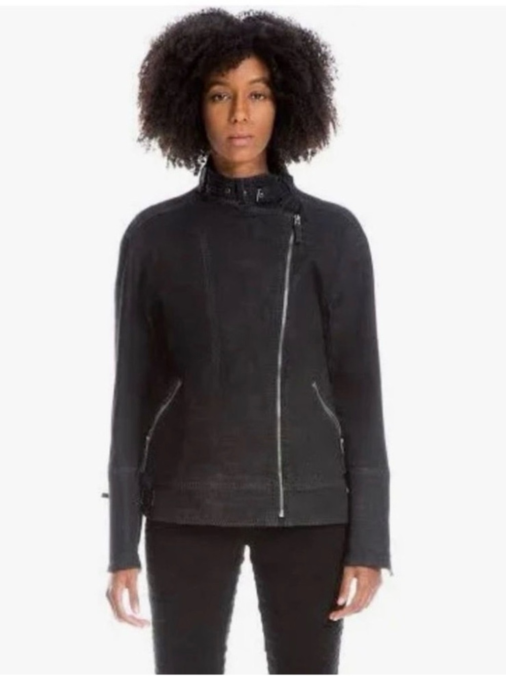 Max Studio London Black Denim Moto Zip Jacket Size Large
